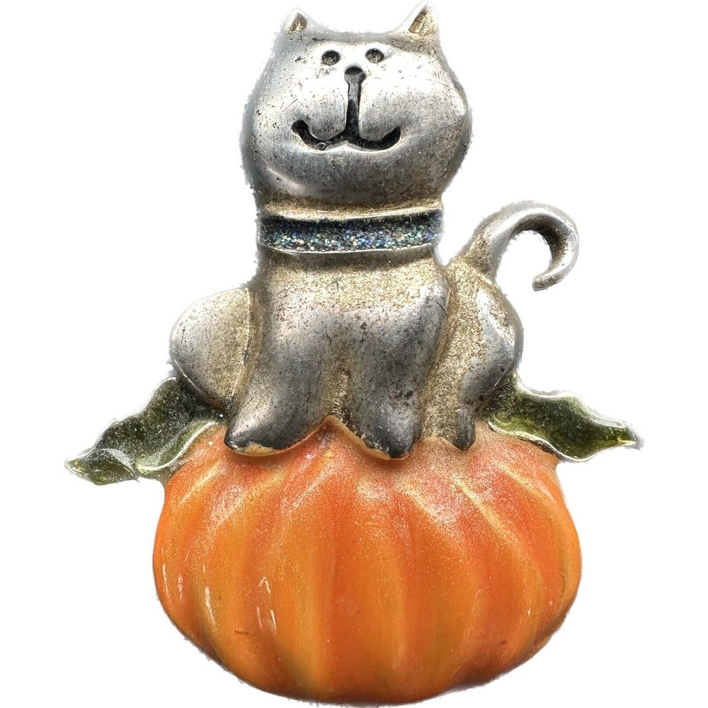 Vtg 1990s TC Brooch Pin Kitty Cat Pumpkin Halloween Fall Harvest‎